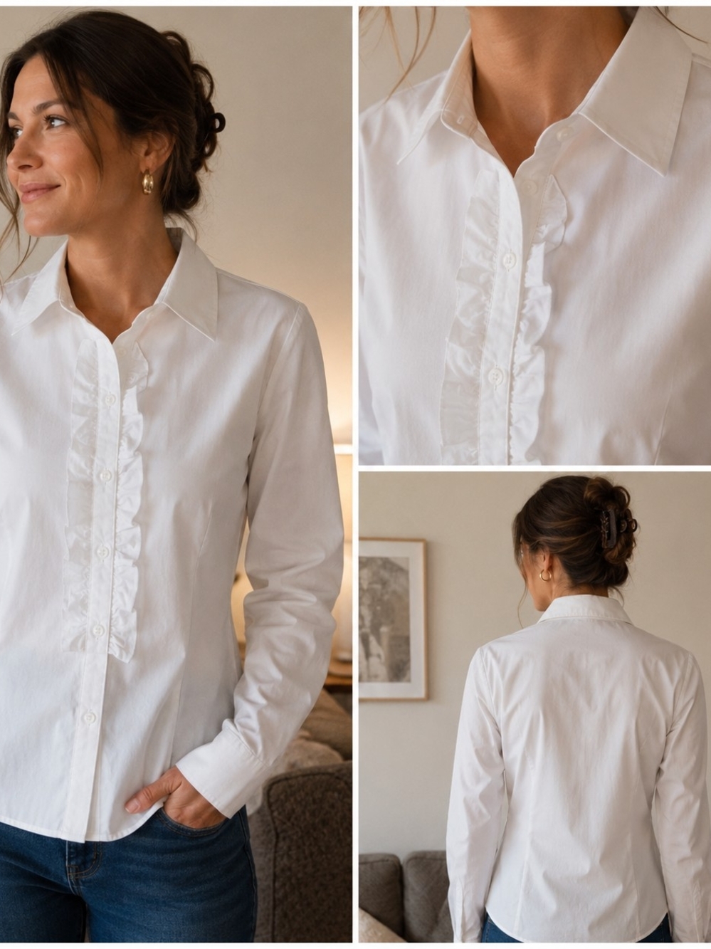 Larry Levine White Ruffle-Front Button Down Shirt